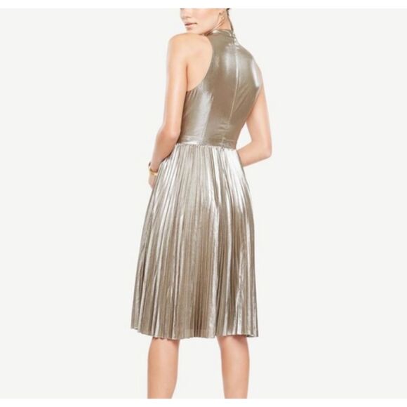 Ann Taylor Women's Petite Size 6P Metallic Shimmer Chiffon Pleated Dress EUC - Picture 2 of 9